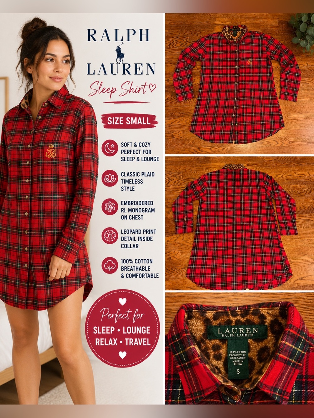 Lauren Ralph Lauren Plaid Sleep Shirt with Leopard Collar Detail Size Small